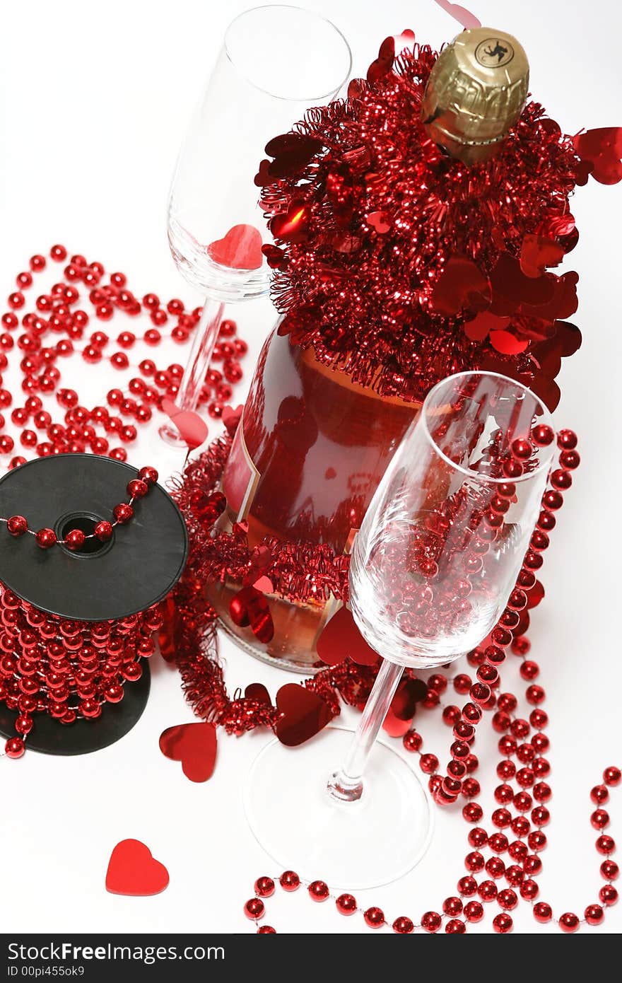 Valentine champagne and two glasses on white background. Valentine champagne and two glasses on white background.