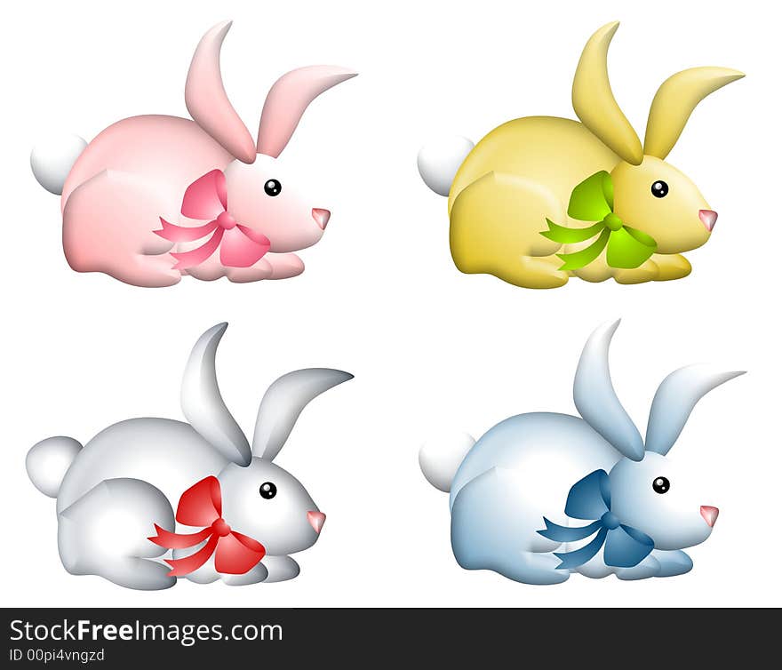 A clip art illustration of 4 Easter bunny rabbits wearing bows around their necks in pink, yellow, white and blue - isolated on white