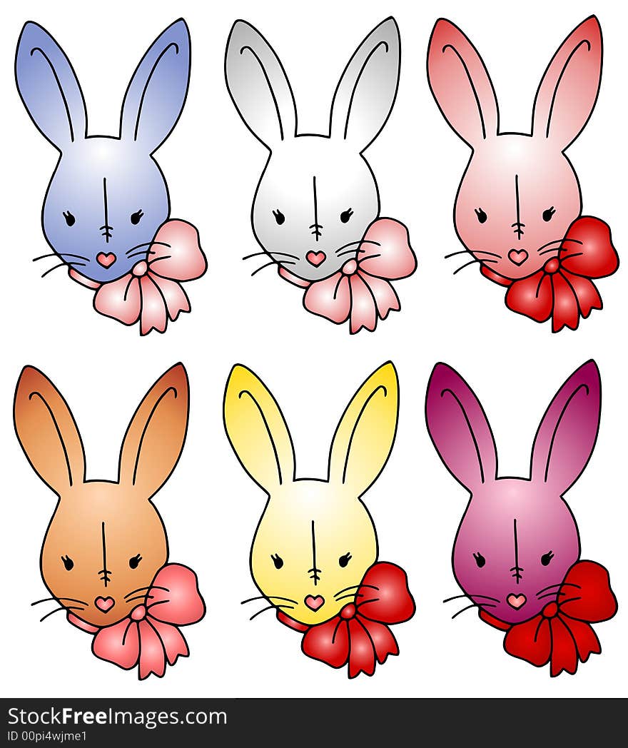 A clip art illustration featuring 6 Easter bunny heads wearing bows in blue, white, pink, brown, yellow and purple isolated on white. A clip art illustration featuring 6 Easter bunny heads wearing bows in blue, white, pink, brown, yellow and purple isolated on white