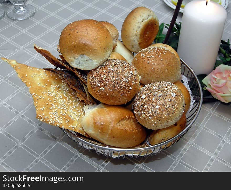 A bread basket on a restaurant table. A bread basket on a restaurant table.