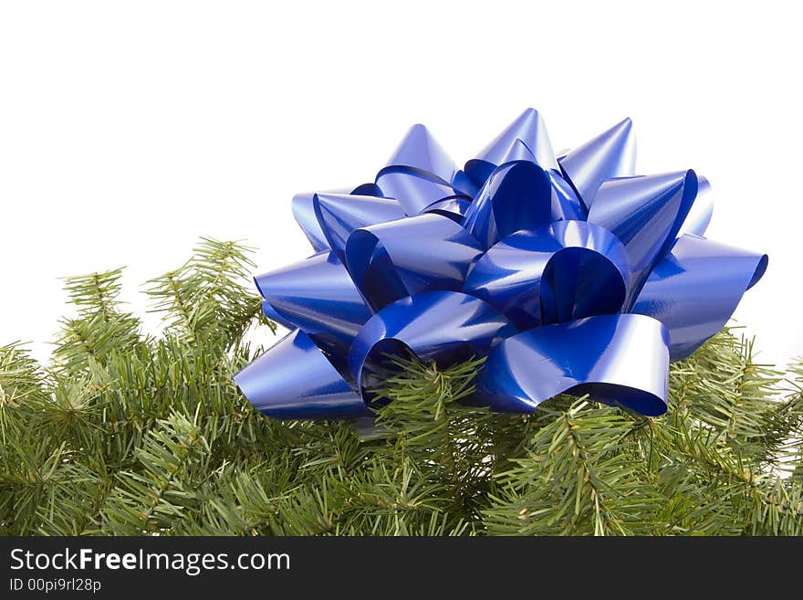 A blue bow and garland against a white background.