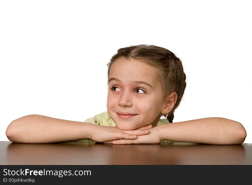 Nice girl on a table, white background