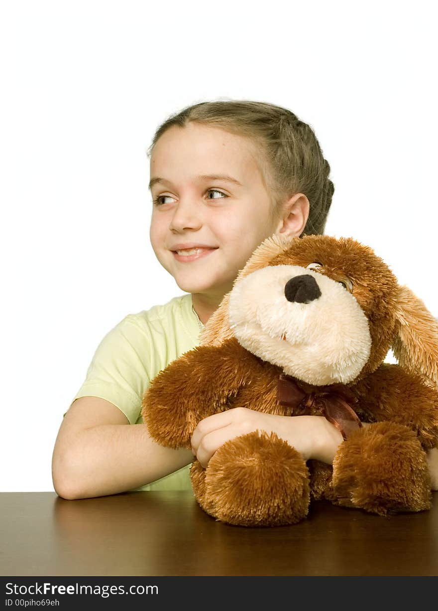 Pretty girl with toys, white background