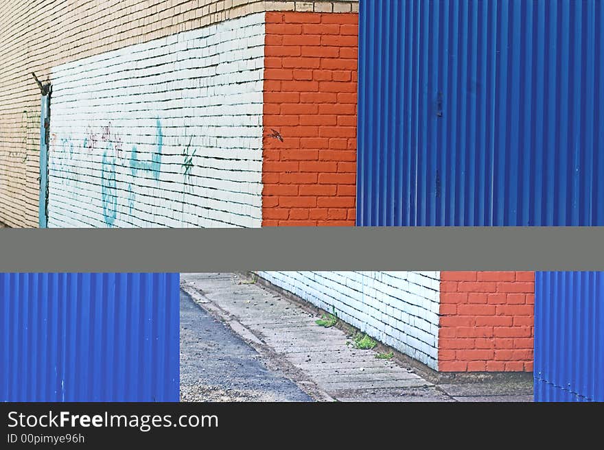 Close-up view of corner and painted wall with graffiti