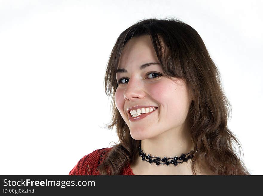 Portrait of young smiling woman isolated on white background