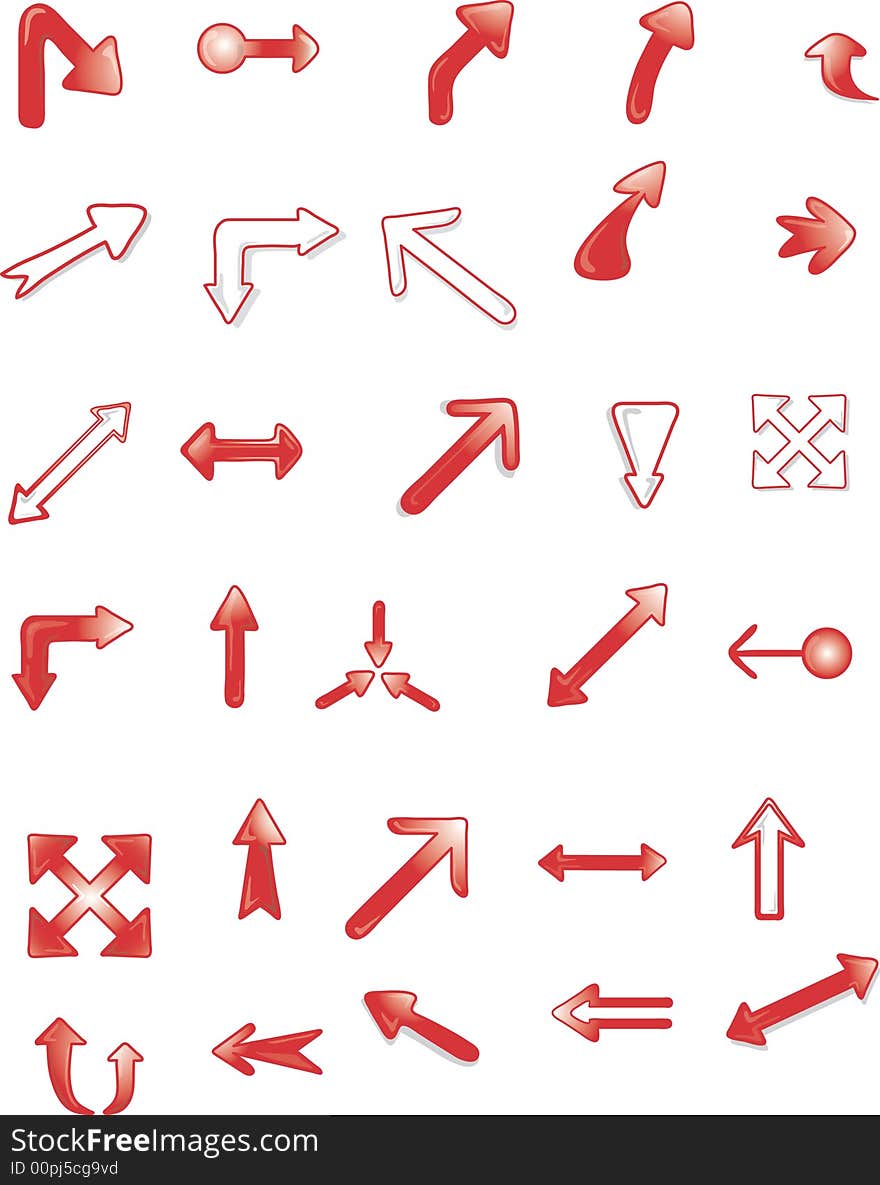 Thirty red arrows that can be used as icons,symbols, bullets, or design elements. Thirty red arrows that can be used as icons,symbols, bullets, or design elements