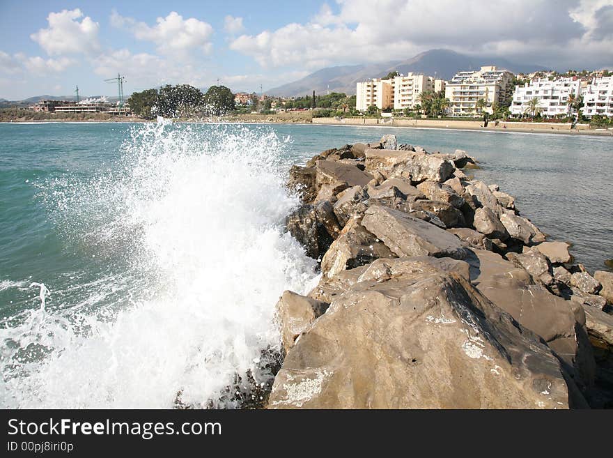 Crashing Waves on rocks along the coast of Estepona, Spain