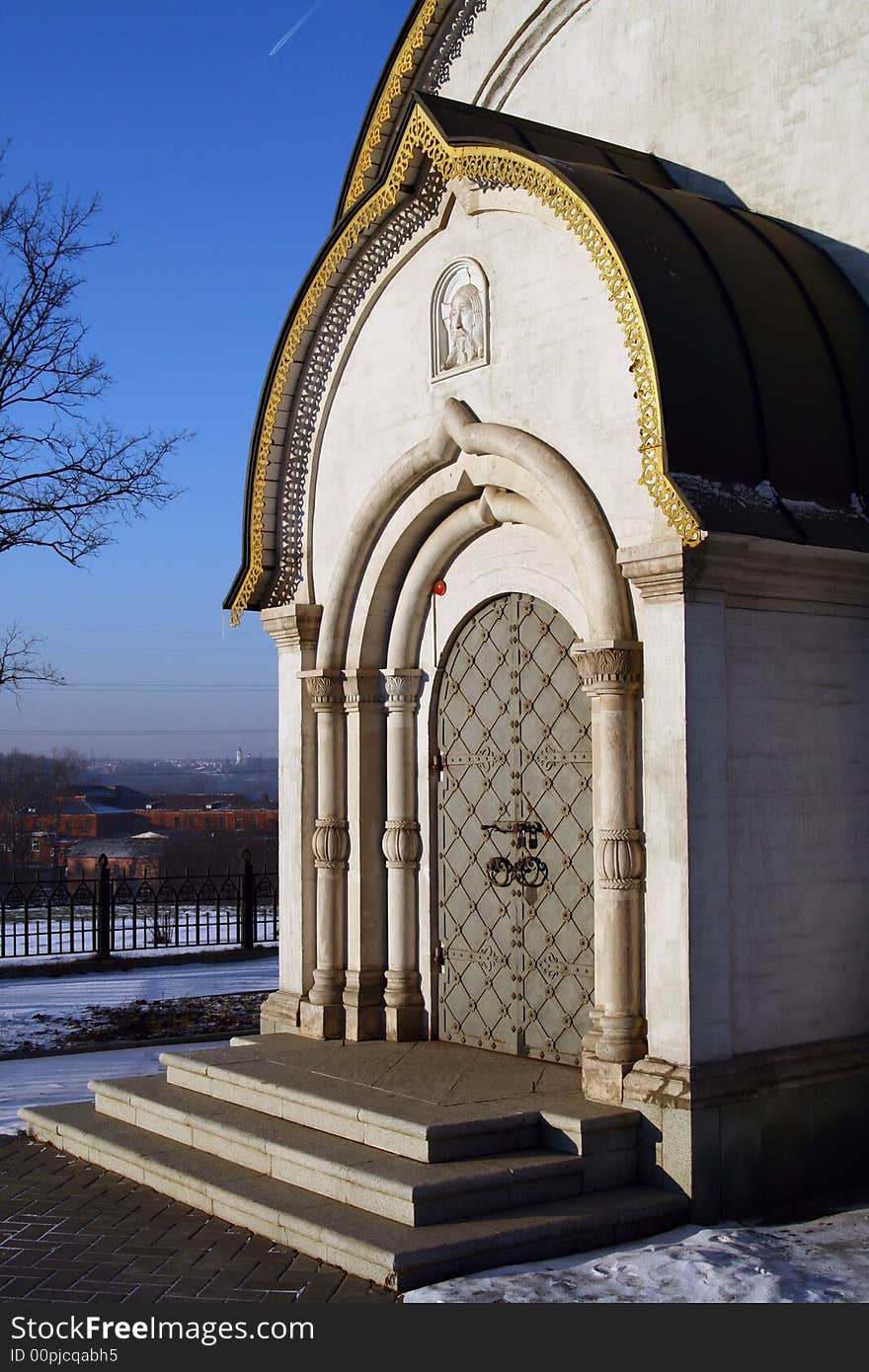 Тне door into orthodoxy chapel. Moscow.