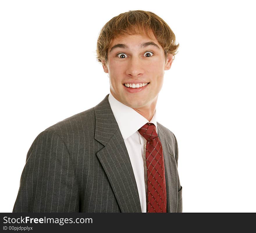 Handsome young businessman surprised.  Isolated on white.