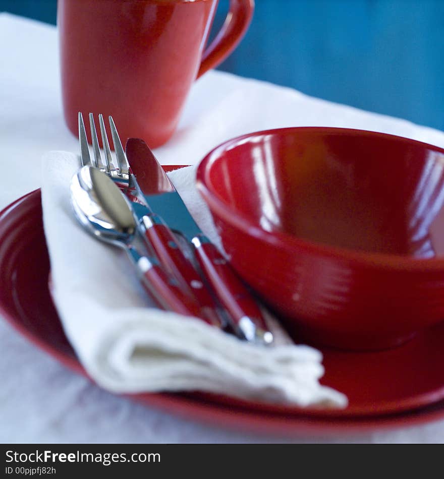 Studio close up of dinnerware set on table. Studio close up of dinnerware set on table