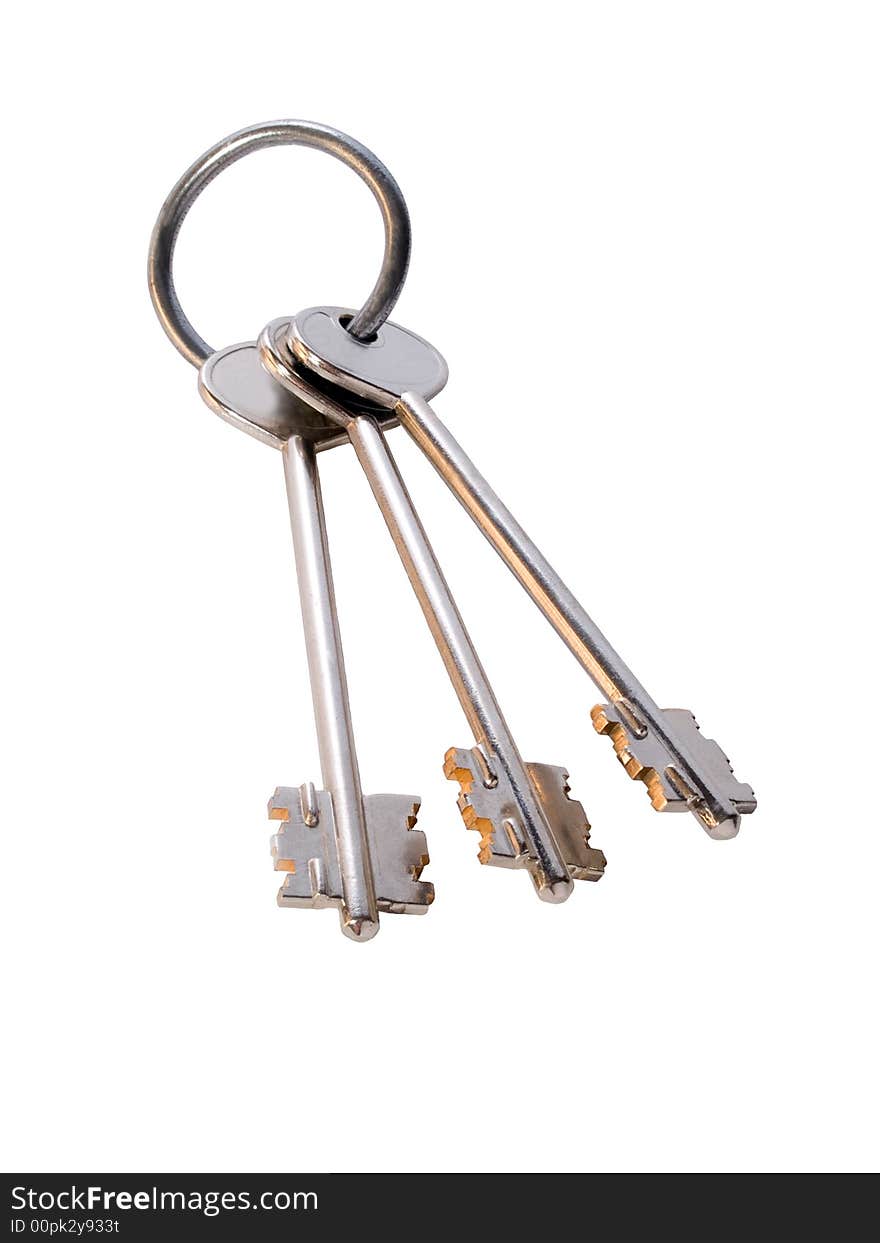 Bunch of golden keys on the ring isolated on white