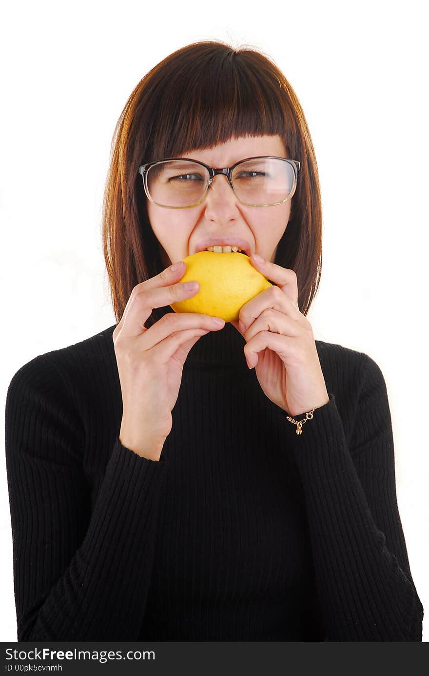 Young ang pretty woman with yellow lemon and glasses 2. Young ang pretty woman with yellow lemon and glasses 2