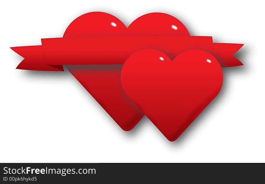 Red hearts and a ribbon illustration with white background