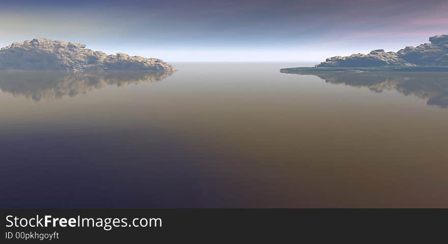 Computer generated Landscape with water, sky and mountains. Computer generated Landscape with water, sky and mountains