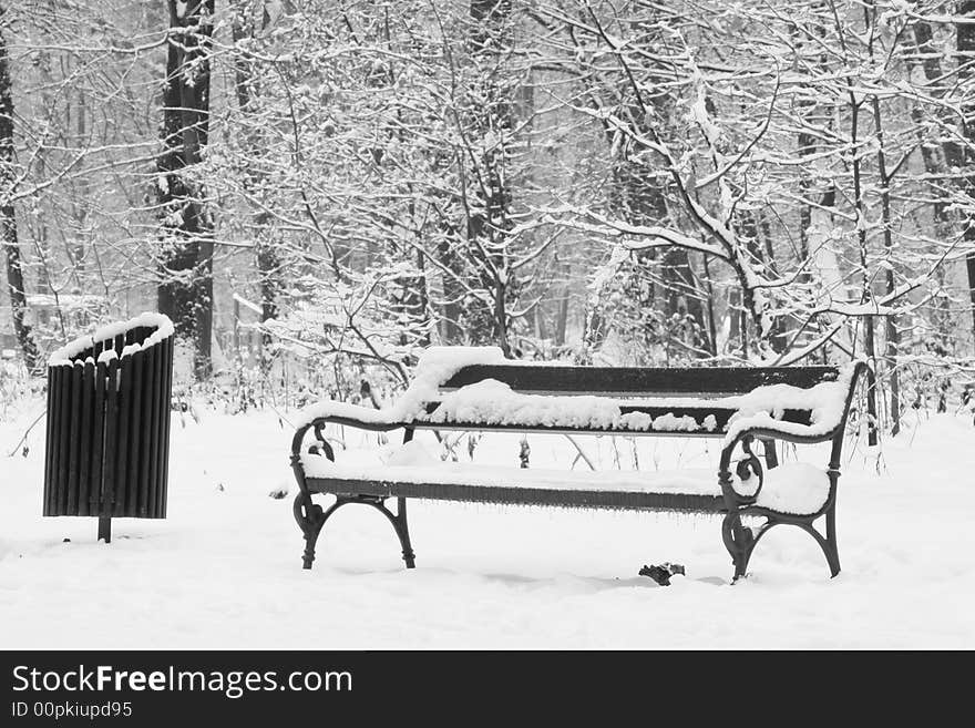 Bench and garbage bin