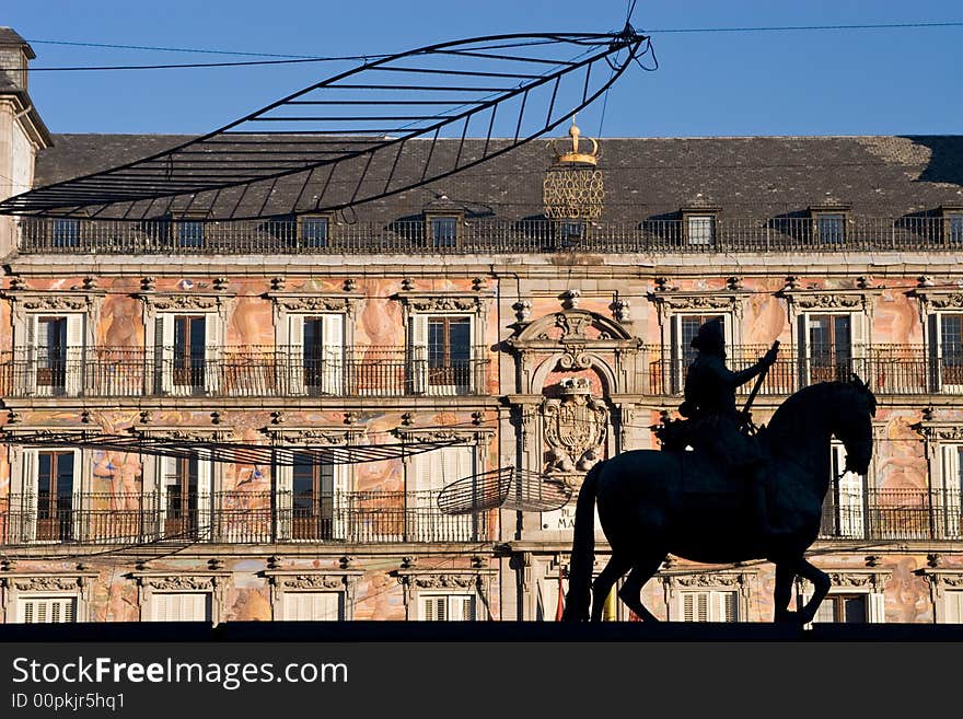 Plaza Mayor and silhouette of Philip III. Plaza Mayor and silhouette of Philip III