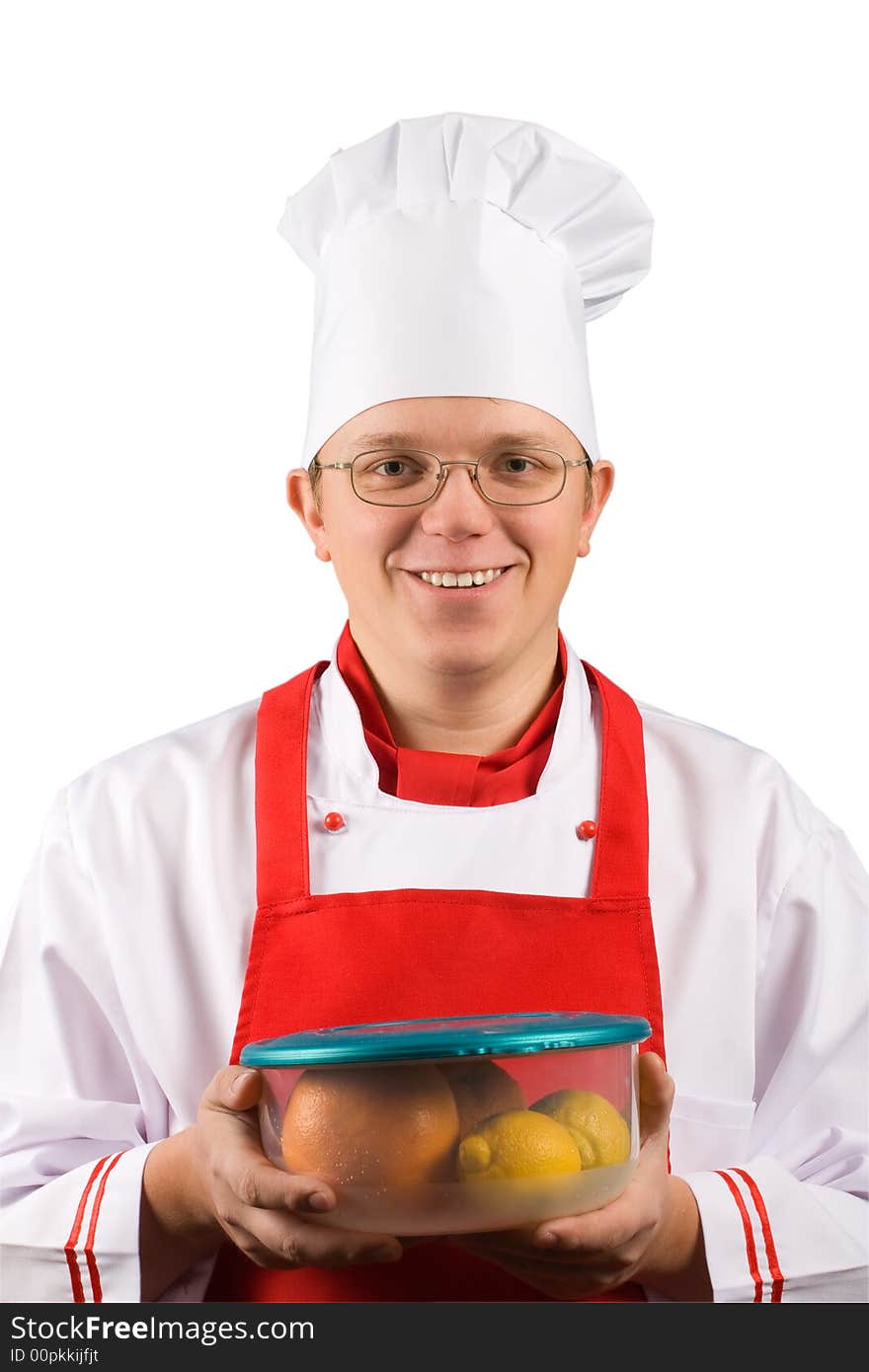 Happy chef with fruits isolated and with clipping paths