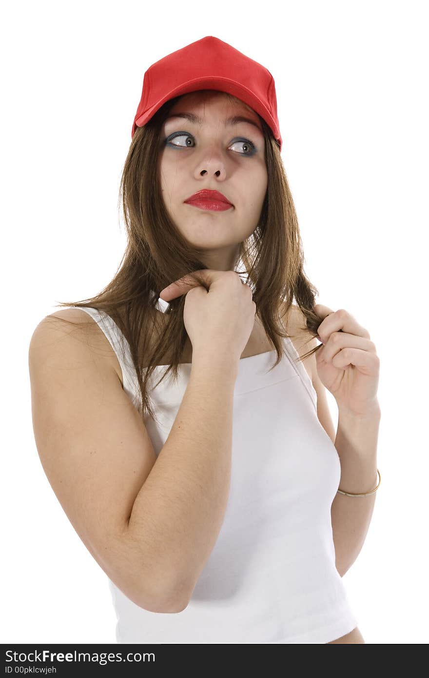 Emotional girl in red cap