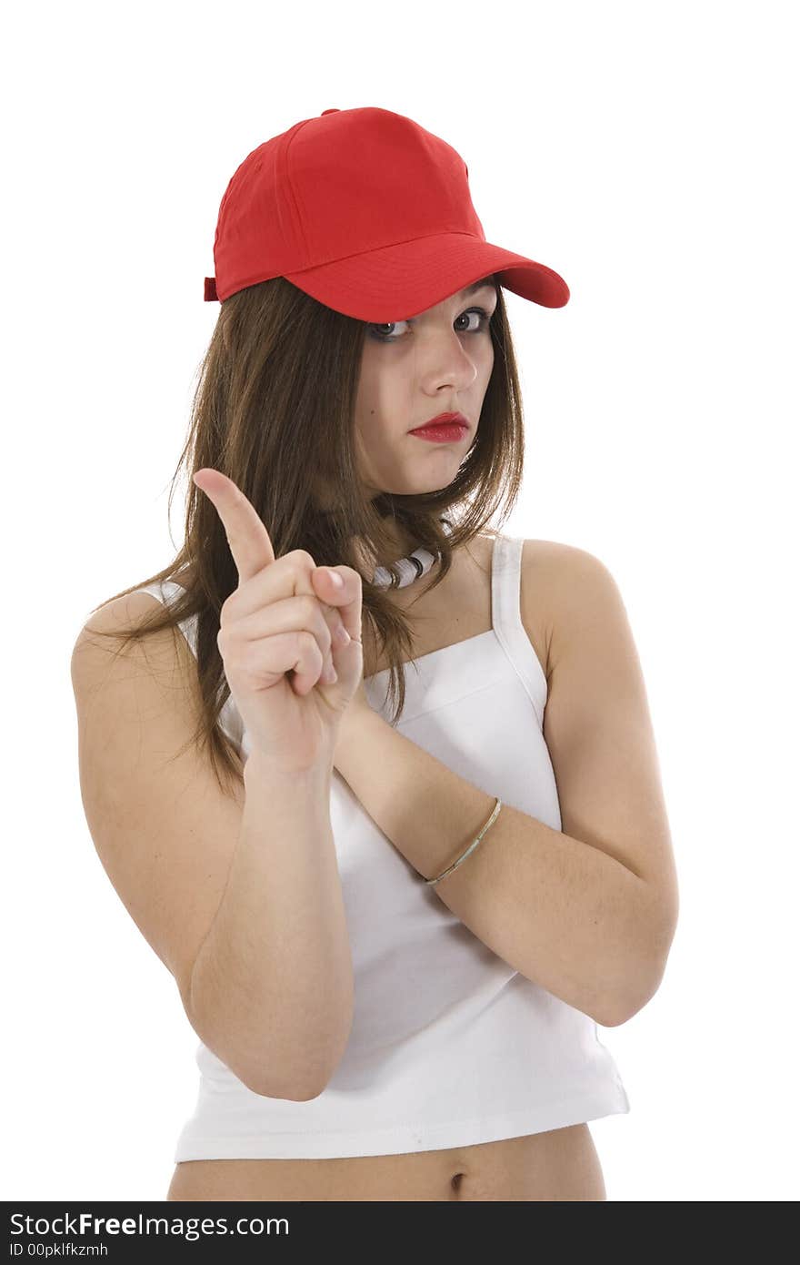 Emotional girl in red cap