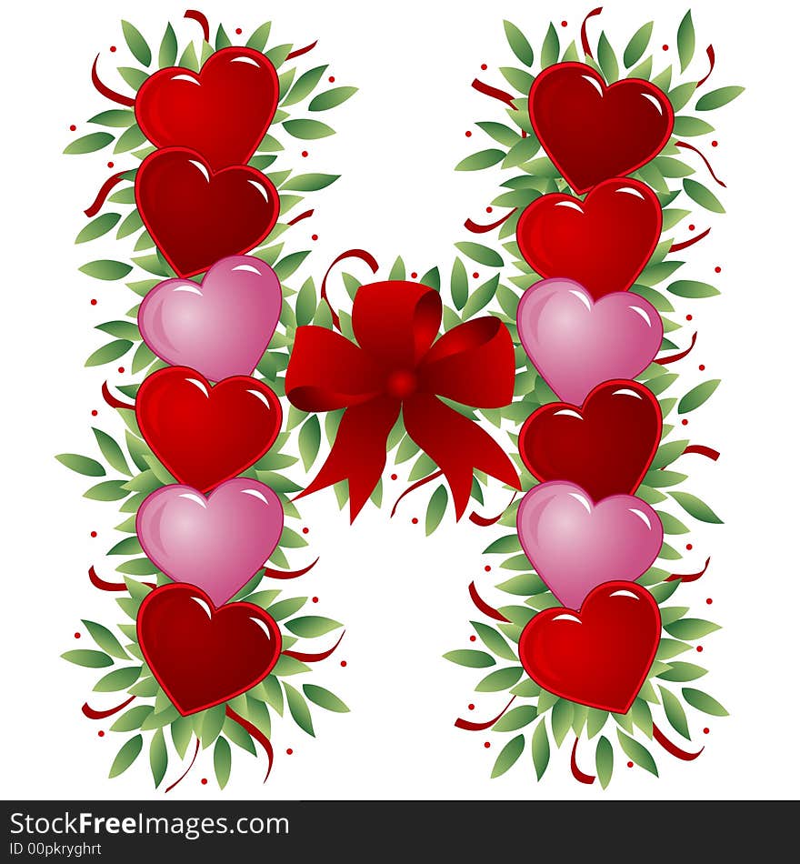 Letter H - with heart, bow, ribbon and leaf. Letter H - with heart, bow, ribbon and leaf