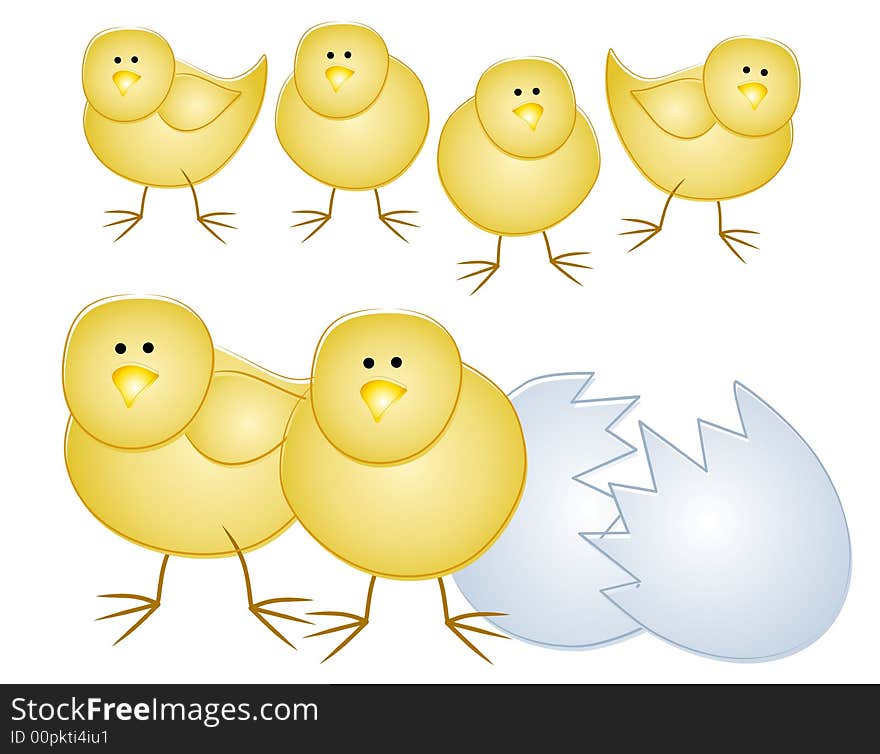 A clip art illustration featuring a group of small yellow chicks with a broken eggshell. A clip art illustration featuring a group of small yellow chicks with a broken eggshell