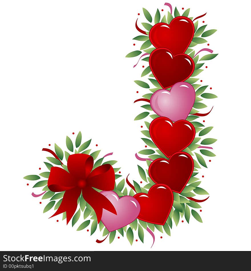 Letter J - with heart, bow, ribbon and leaf. Letter J - with heart, bow, ribbon and leaf