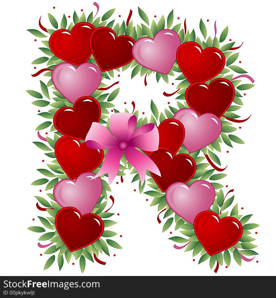 Letter R - with heart, bow, ribbon and leaf. Letter R - with heart, bow, ribbon and leaf