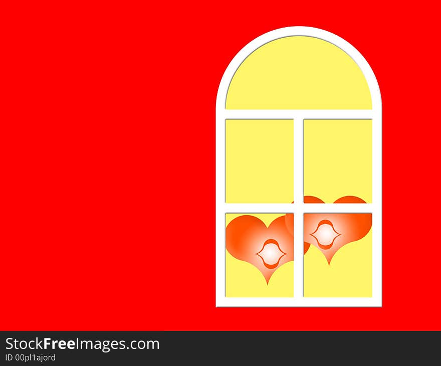 Two red hearts in a window on a color background. Two red hearts in a window on a color background