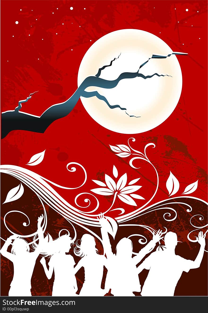 People dancing in a full moon floral background. People dancing in a full moon floral background