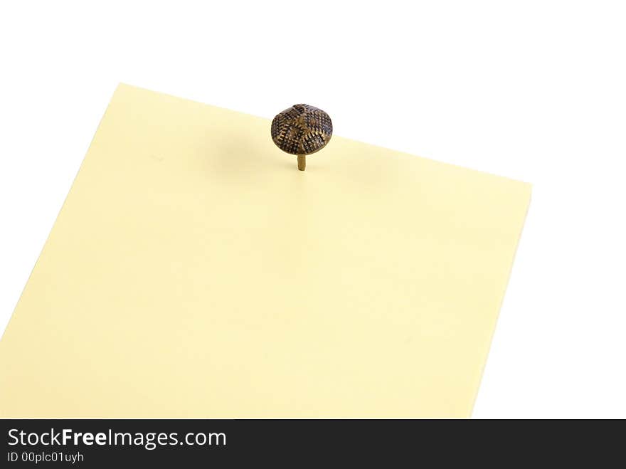 Isolated sticky notes. Yellow notepaper squares with metal thumbtack on white background. Isolated sticky notes. Yellow notepaper squares with metal thumbtack on white background