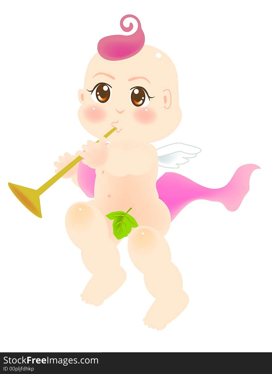 Vector illustration for a baby angel playing a horn, flute. Vector illustration for a baby angel playing a horn, flute