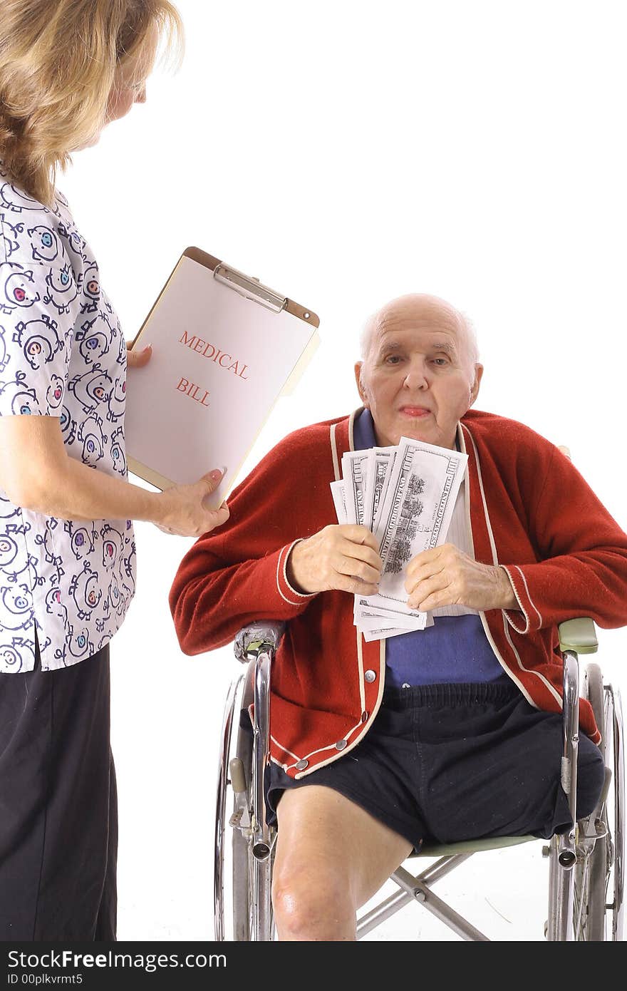 Handicap man paying medical bill isolated on white