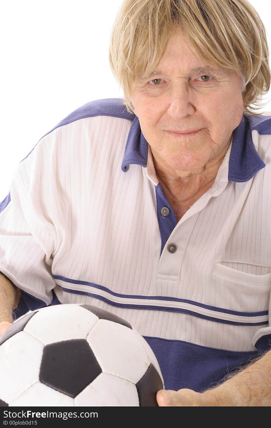 Cool old man with soccer ball isolated on white