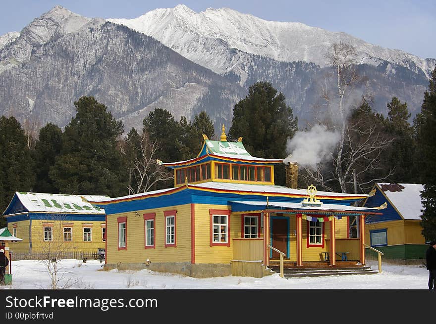 Temple of the llama on a background of mountains