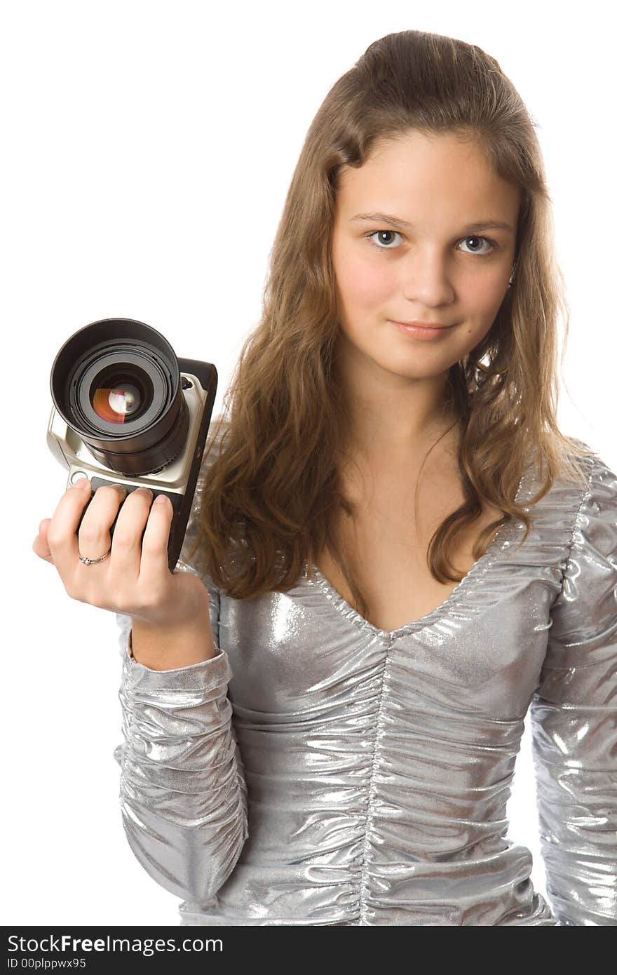 Young girl with SLR camera Isolate on white.