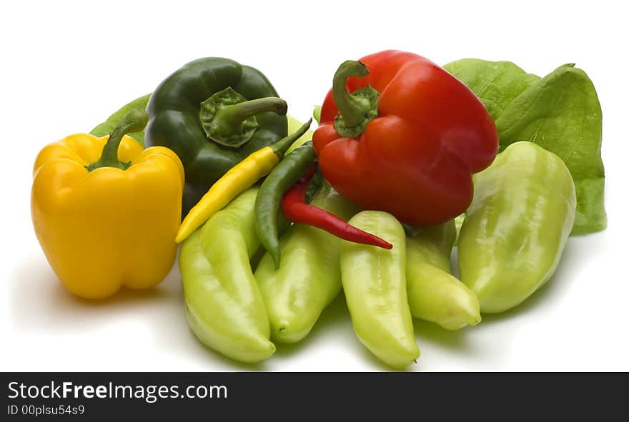 Assortment colors pepper on white background