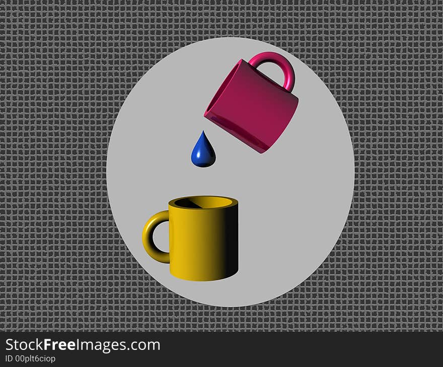 Mugs, red, yellow, two, pour out, water, blue, illustration. Mugs, red, yellow, two, pour out, water, blue, illustration