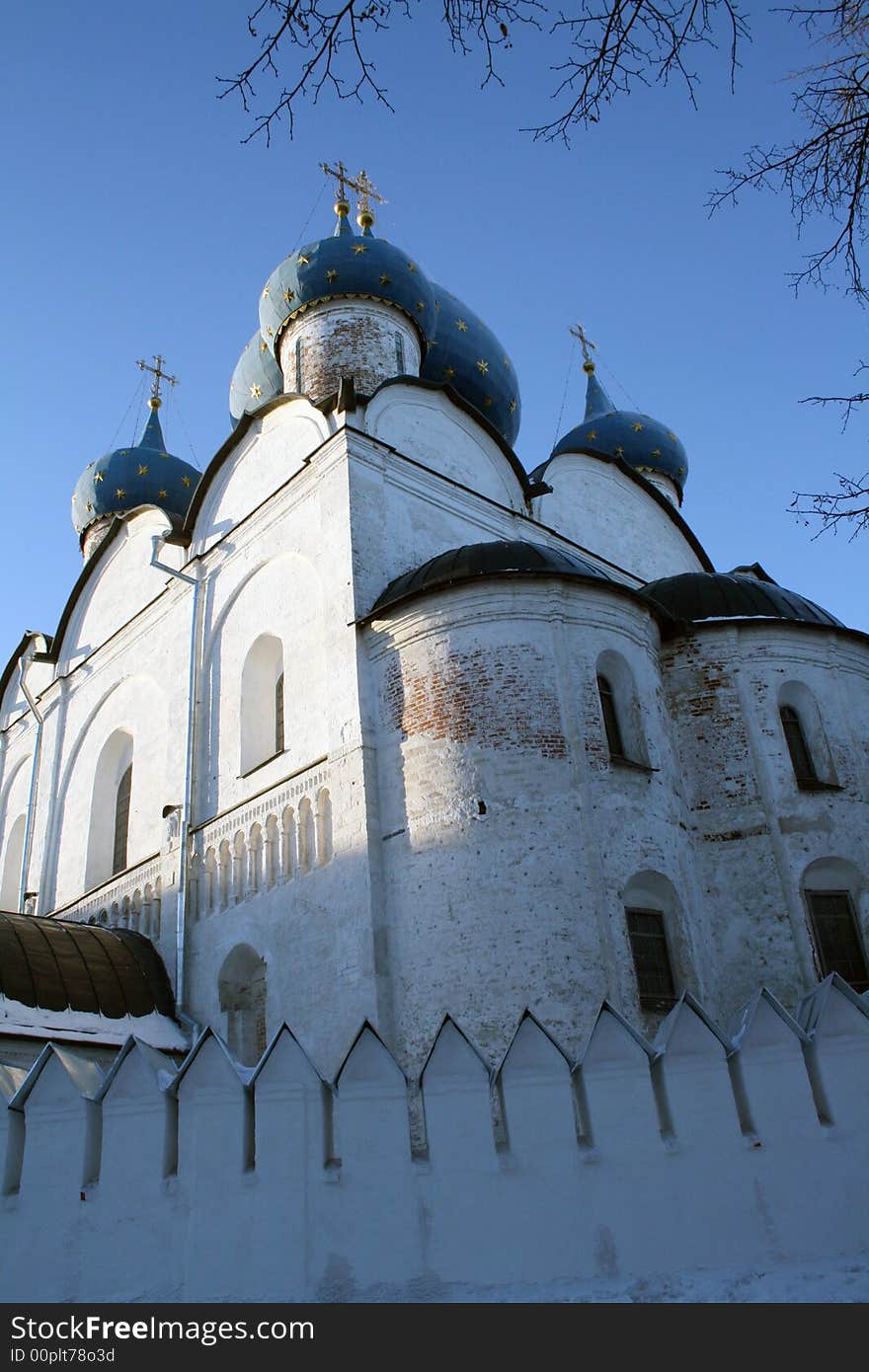 Russian monastery in Suzdal city on winter background. Russian monastery in Suzdal city on winter background