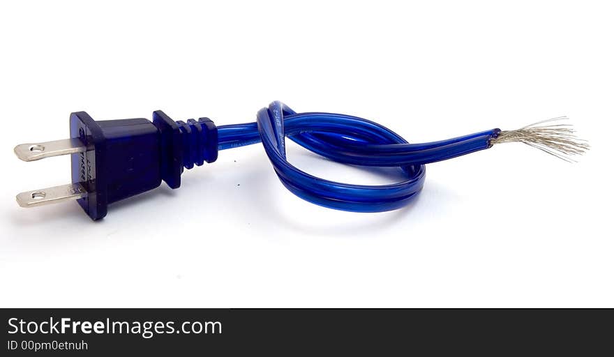 A blue power cord with a cut and frayed end. A blue power cord with a cut and frayed end.