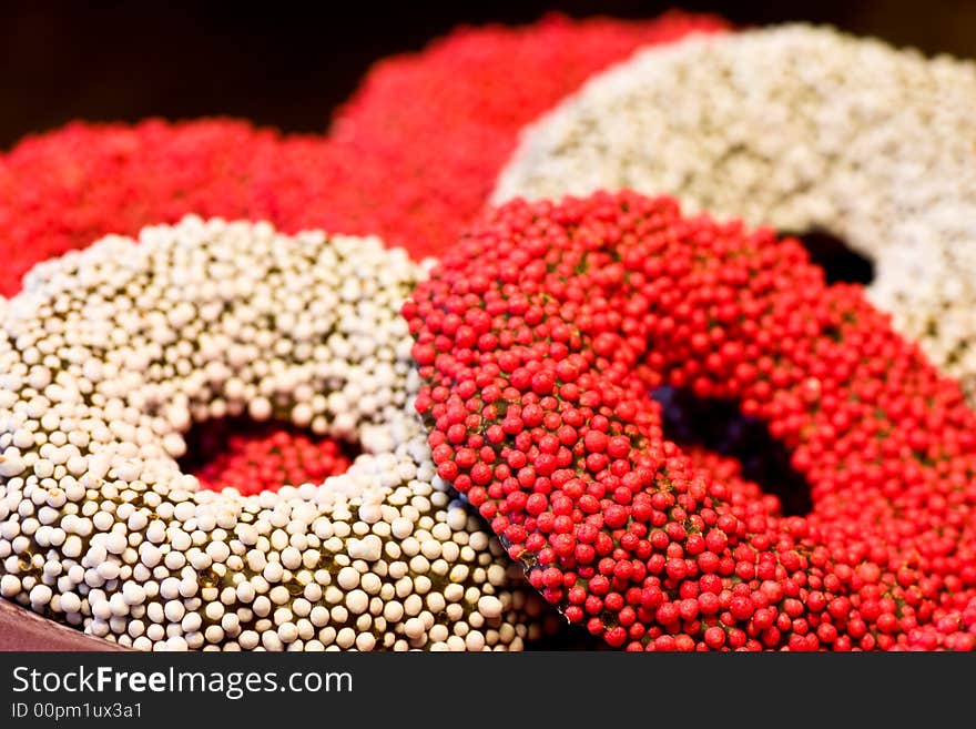 Red and white speckled chocolate rings