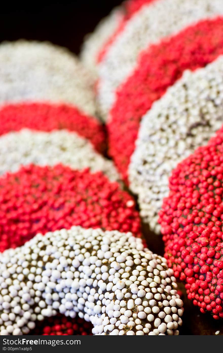 Red and white speckled chocolate rings