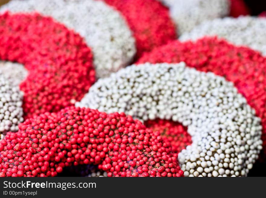 Red and white speckled chocolate rings