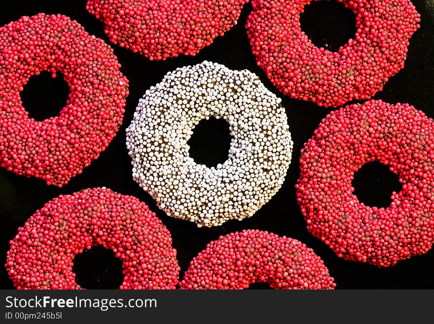 Red and white speckled chocolate rings