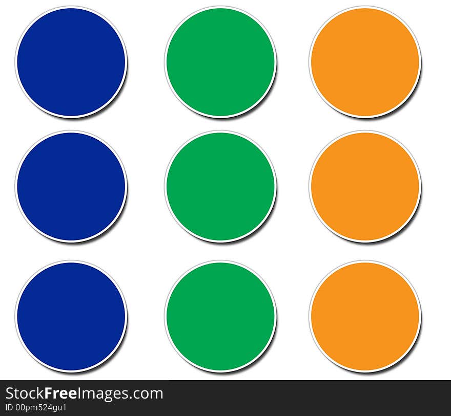 A collection of three different coloured blank sticker icons. A collection of three different coloured blank sticker icons