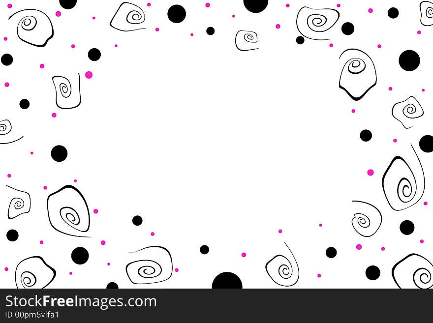 White background with black warped swirls and various sizes of black and pink dots with middle copy space. White background with black warped swirls and various sizes of black and pink dots with middle copy space.