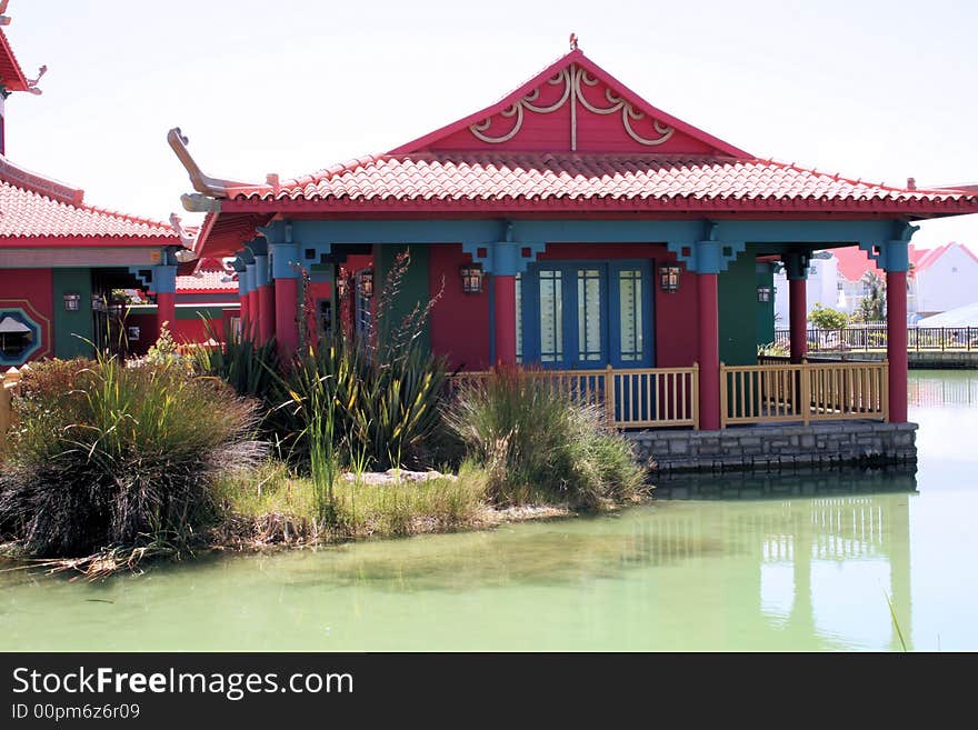 Oriental building at a water front showing off typical style of building and architecture