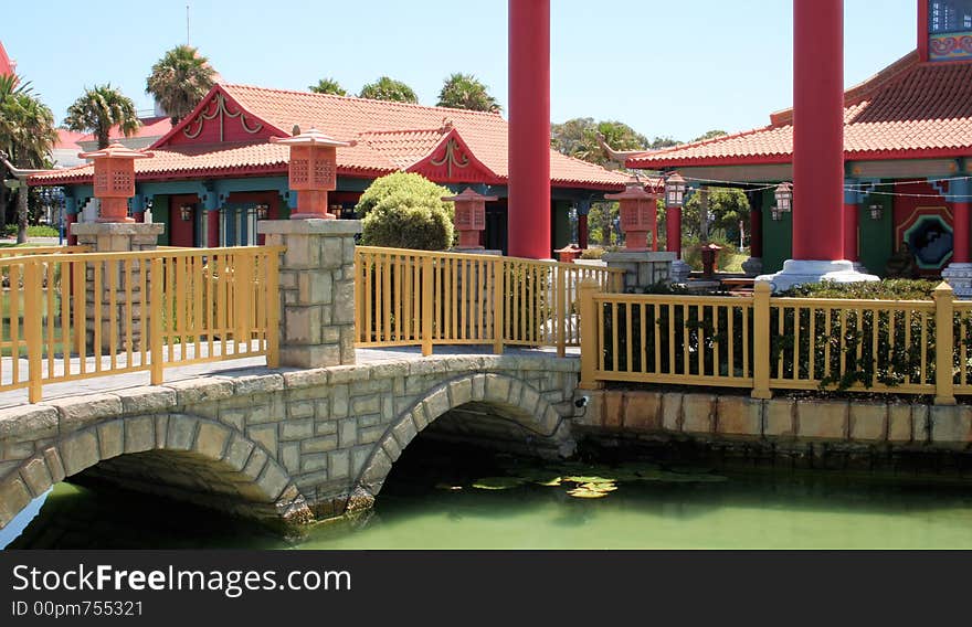 Oriental building at a water front showing off typical style of building and architecture