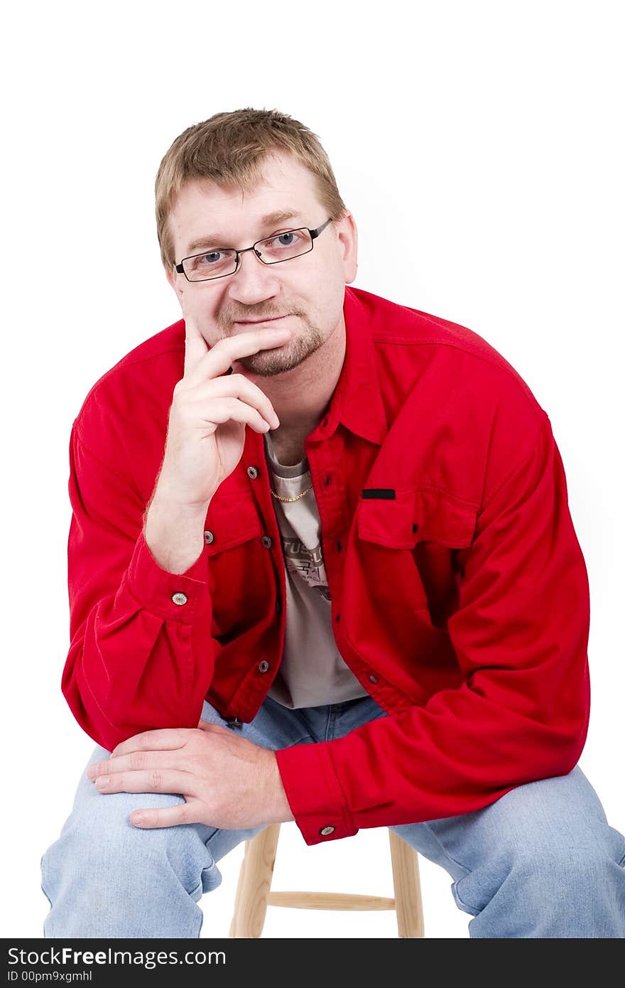 Man in red shirt