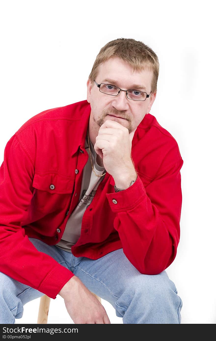 Man in red shirt