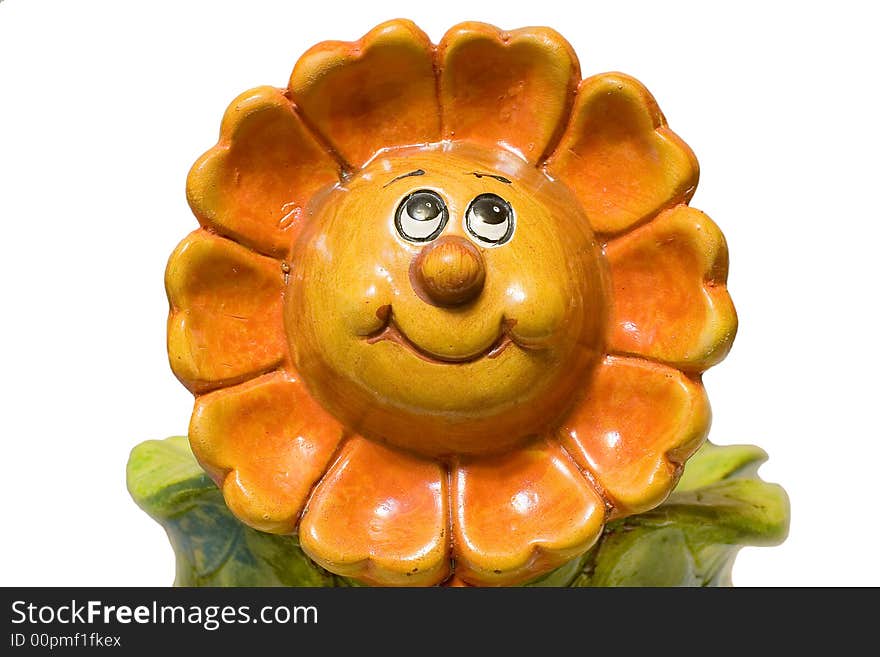 Ceramic ornamental flowerpot with smiling sun on white background